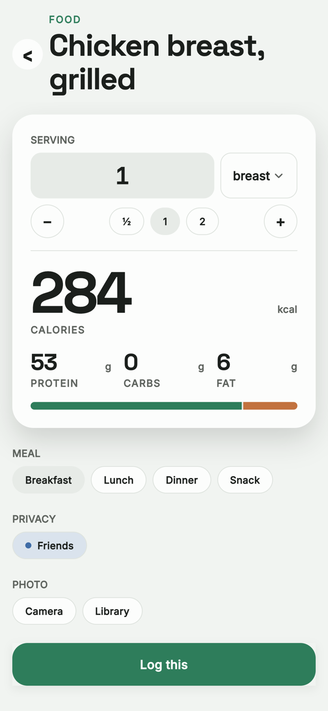 MacroSquad food screen for grilled chicken breast: one-row serving entry with amount and unit, 284 kcal, 53g protein, and a Log this button