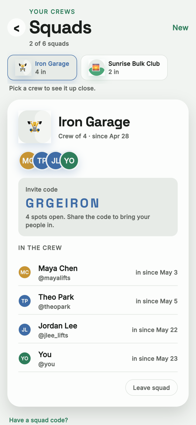 MacroSquad Squads screen: the Iron Garage crew of 4 with member list, avatars, and an invite code with 4 spots open